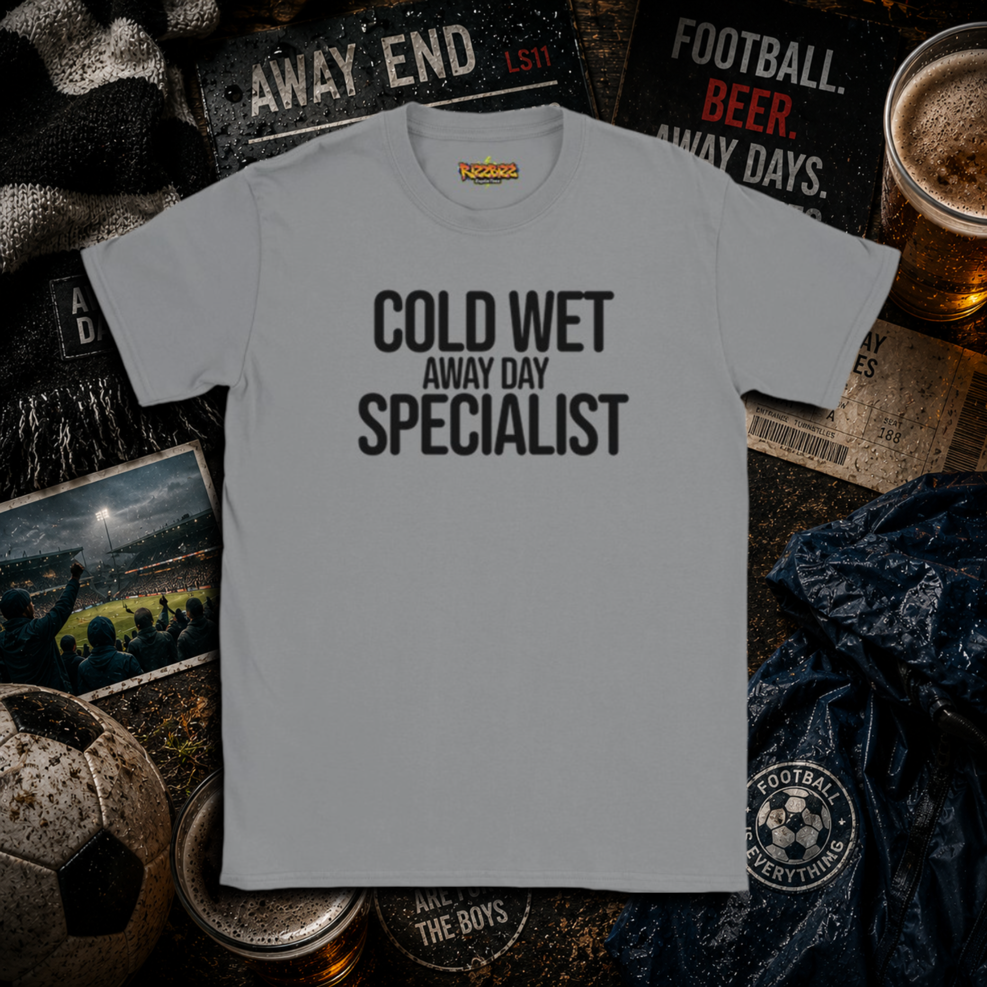 Cold Wet Away Day Specialist T-Shirt, Funny Football Shirt, Grassroots Football Top, Match Day Fan Gift, Away Days Football Tee