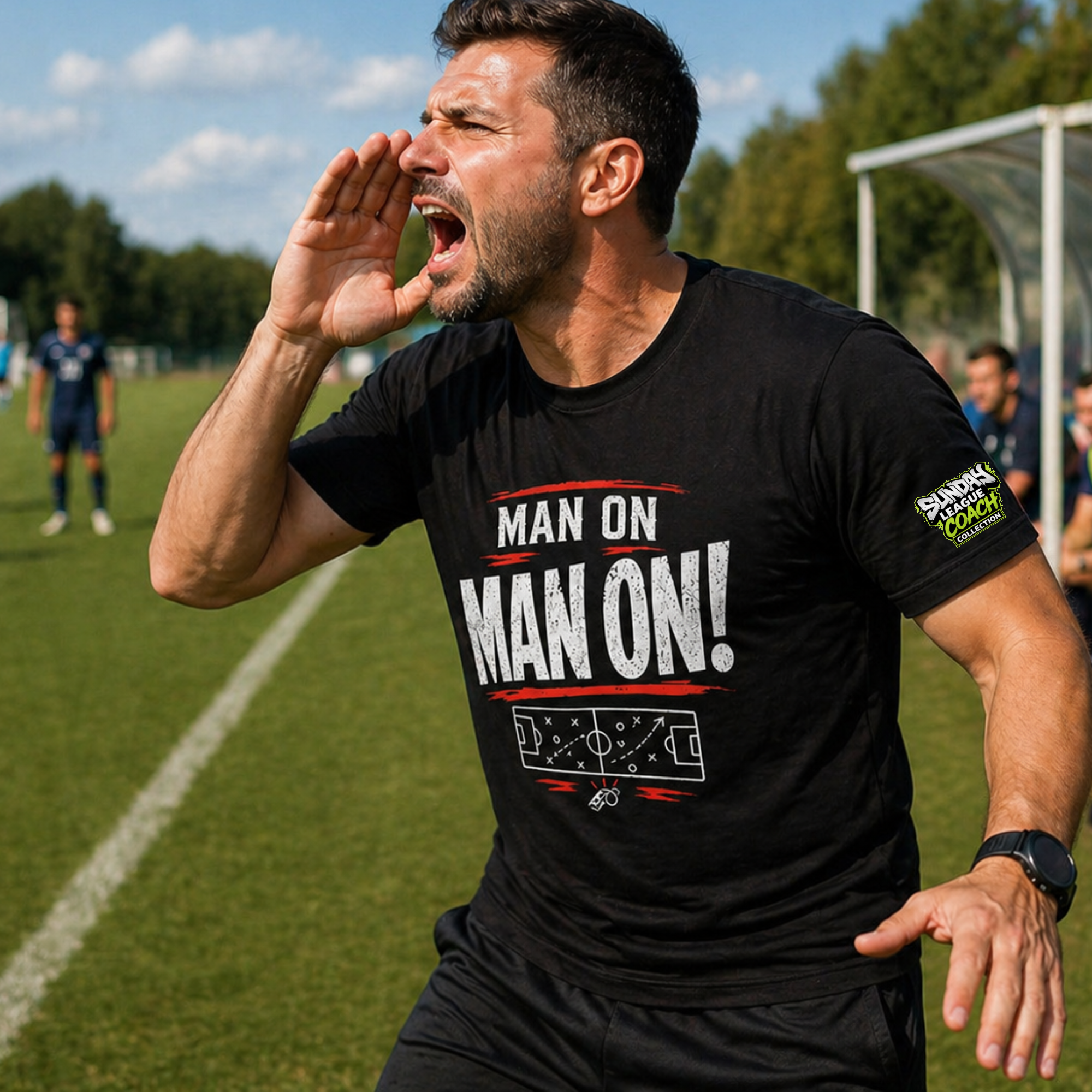 Funny Sunday League Football T-Shirt “Man On!” | Football Banter Tee | Soccer Player Shirt | Football Coach Gift | End of Season Gift