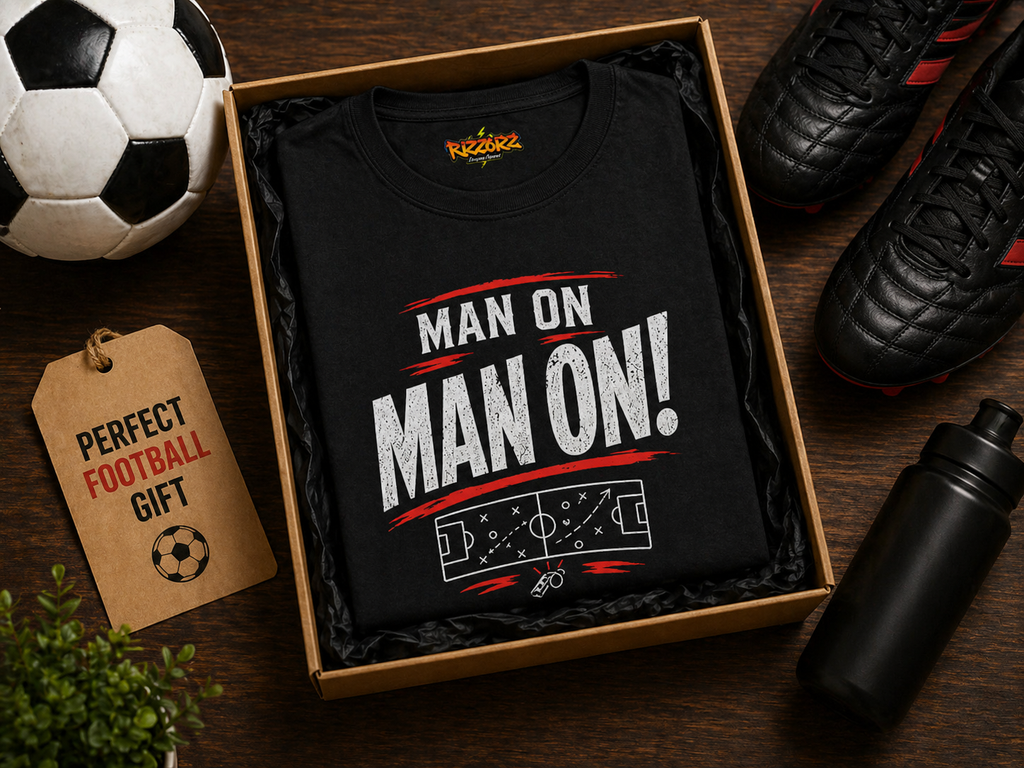 Funny Sunday League Football T-Shirt “Man On!” | Football Banter Tee | Soccer Player Shirt | Football Coach Gift | End of Season Gift