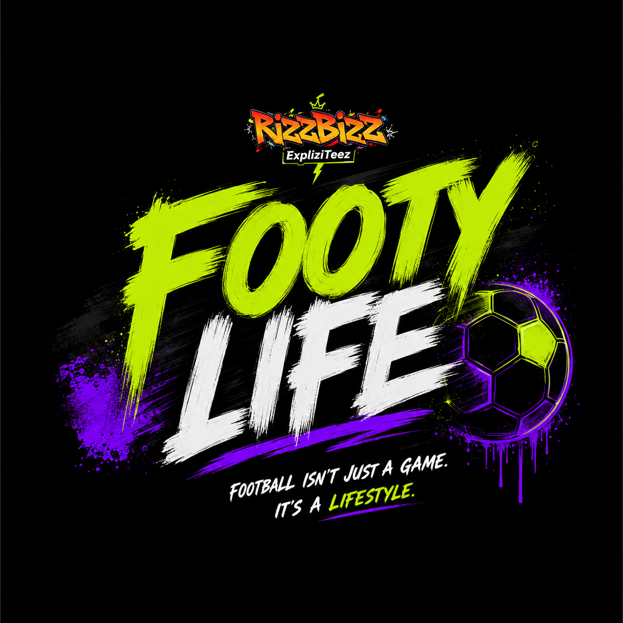 T-shirt design with 'Footy Life' text and soccer ball on a black background