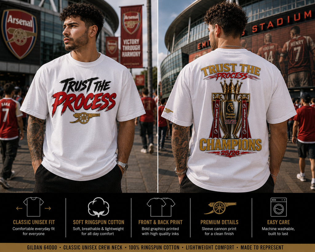 Person wearing a white t-shirt with 'Trust the Process' and 'Champions' text, standing in front of Arsenal stadium.