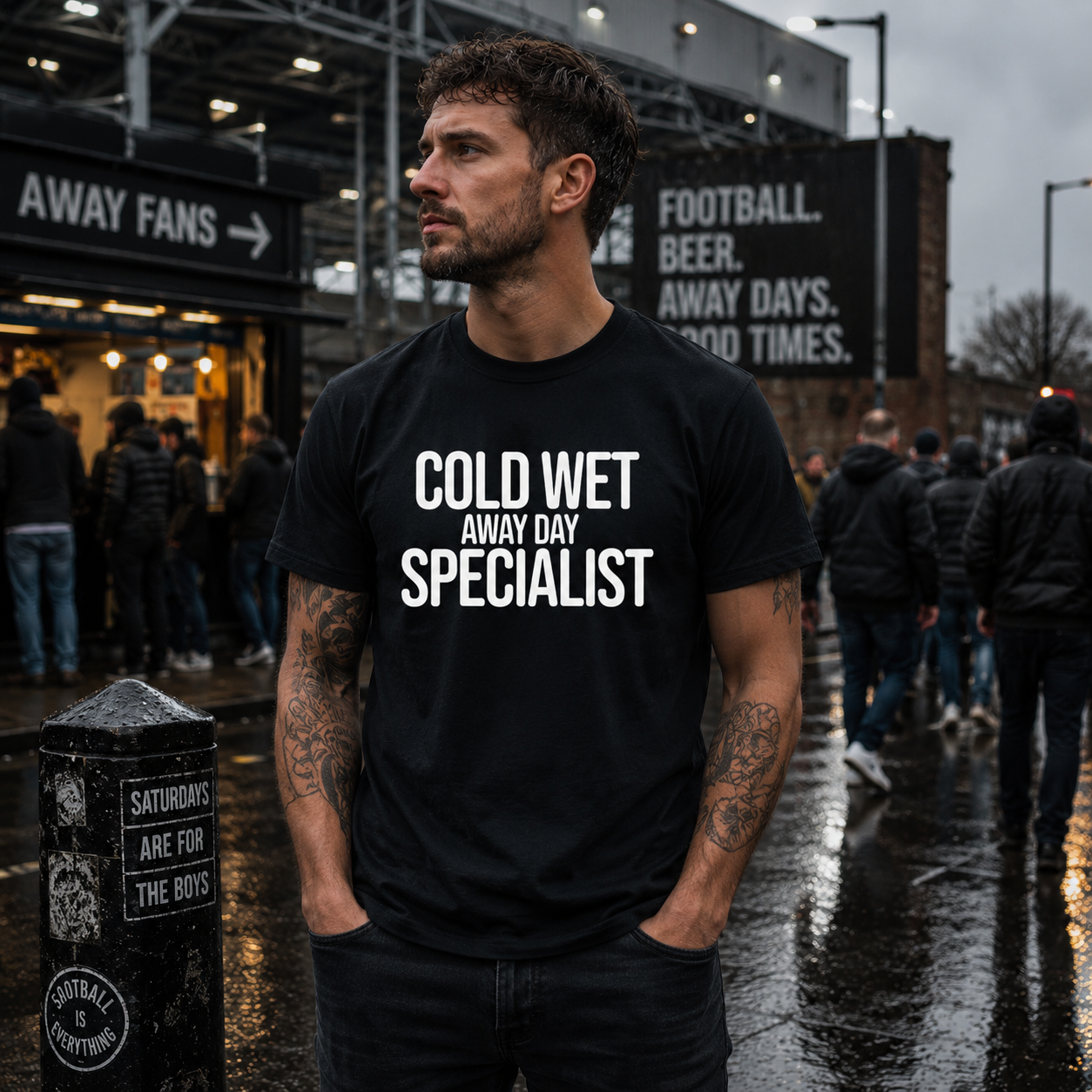 Cold Wet Away Day Specialist T-Shirt, Funny Football Shirt, Grassroots Football Top, Match Day Fan Gift, Away Days Football Tee