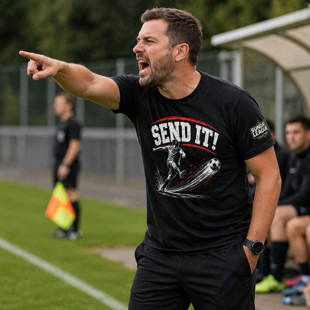Funny Football Shirt “Send It!” | Striker T-Shirt | Sunday League Tee | Football Player Gift | Soccer Shooting Tee