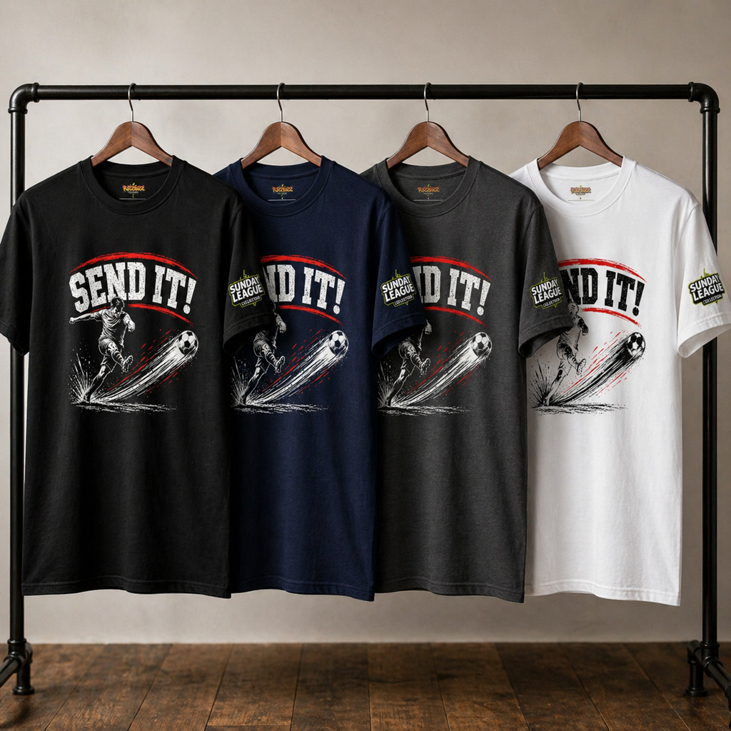 Funny Football Shirt “Send It!” | Striker T-Shirt | Sunday League Tee | Football Player Gift | Soccer Shooting Tee