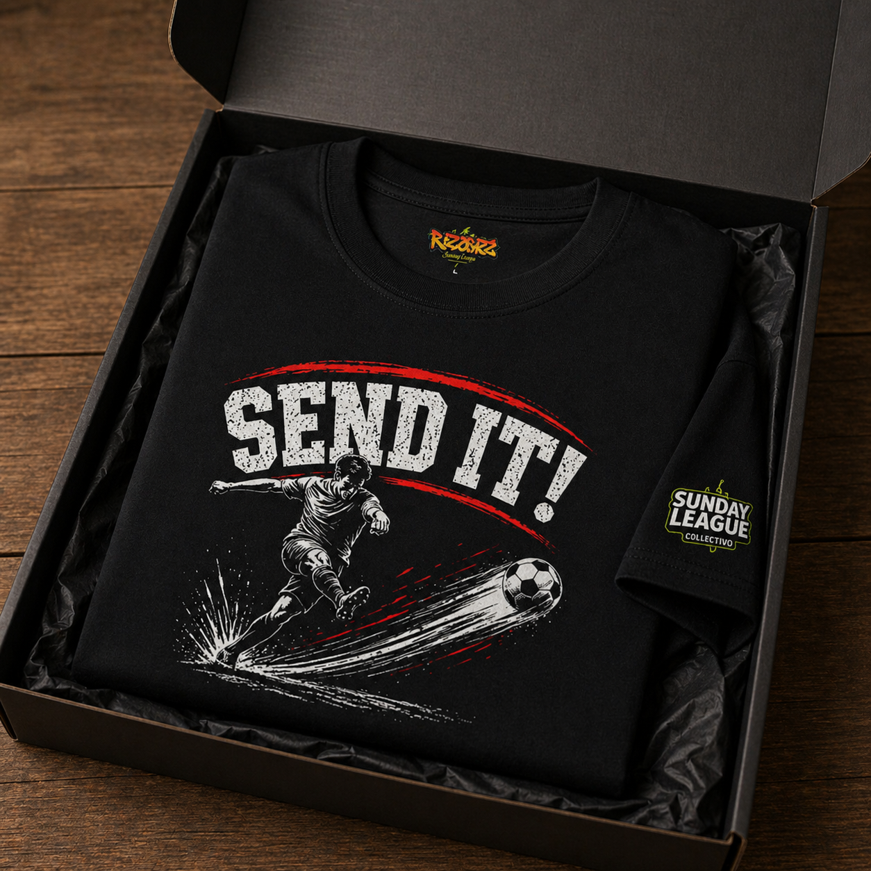Funny Football Shirt “Send It!” | Striker T-Shirt | Sunday League Tee | Football Player Gift | Soccer Shooting Tee