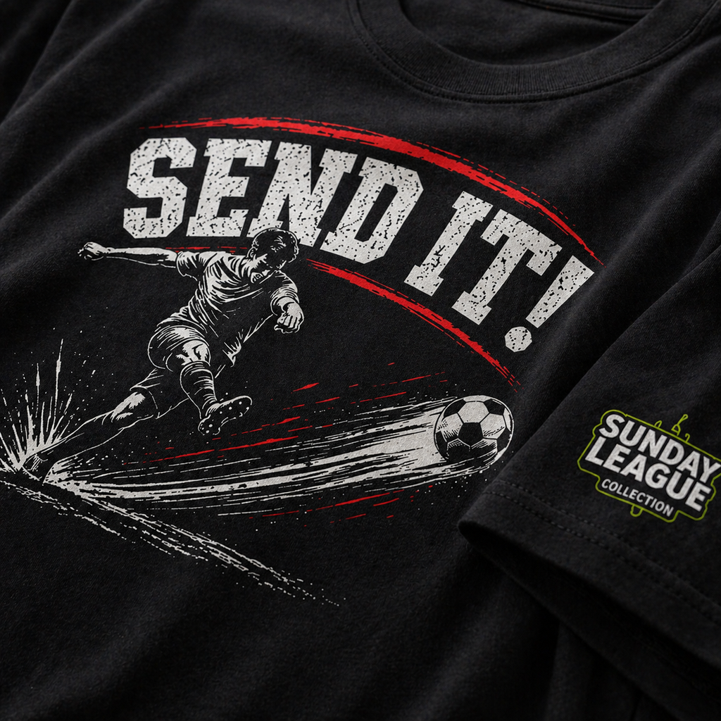 Funny Football Shirt “Send It!” | Striker T-Shirt | Sunday League Tee | Football Player Gift | Soccer Shooting Tee