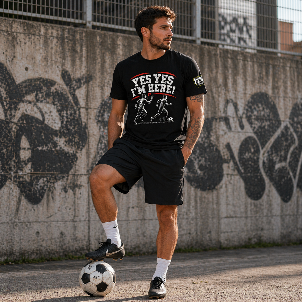 Funny Football “Yes Yes I’m Here” Shirt | Sunday League T-Shirt | 5 A Side Soccer Tee | Football Banter Top | Gift for Football Player