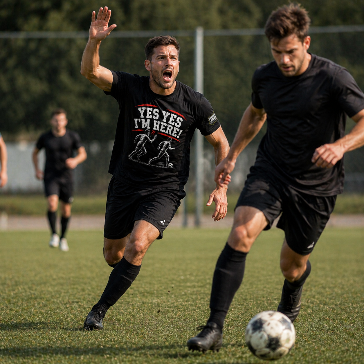 Funny Football “Yes Yes I’m Here” Shirt | Sunday League T-Shirt | 5 A Side Soccer Tee | Football Banter Top | Gift for Football Player