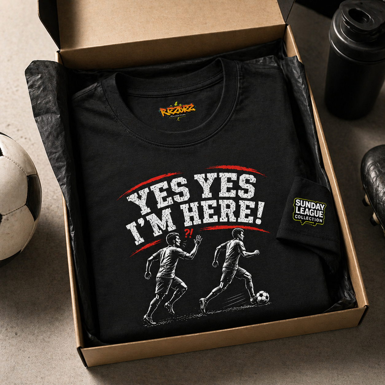 Funny Football “Yes Yes I’m Here” Shirt | Sunday League T-Shirt | 5 A Side Soccer Tee | Football Banter Top | Gift for Football Player